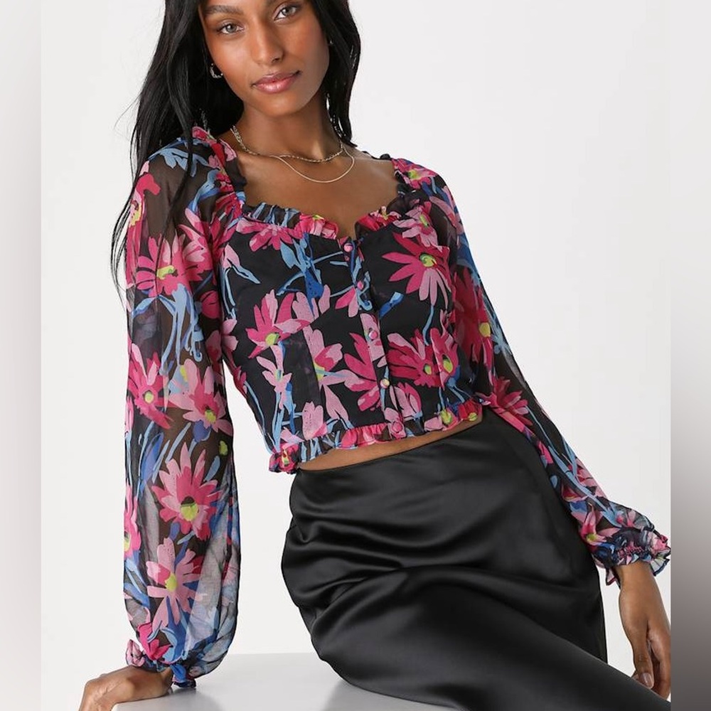 NWT Lulus Floral Sheer Blouse with Long Sleeves